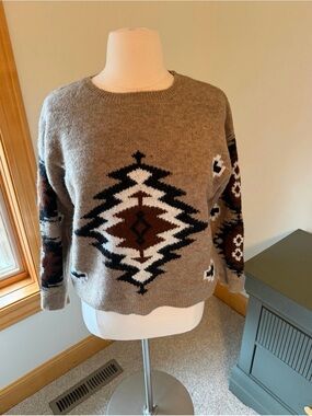 Cozy Geometric Pattern Crewneck Sweater - Taupe
